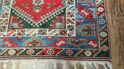 Handmade Turkish Shirvan Kazak Wool Rug 4x6 Colorful Vintage Style