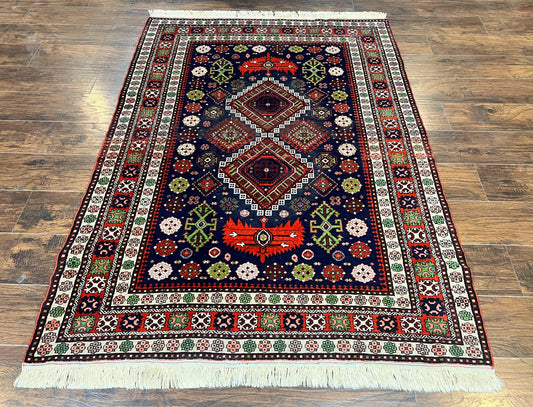 Persian Afshar Tribal Rug 5x6, Geometric Pattern, Navy Blue Multicolor Antique Vintage Persian Carpet, Hand Knotted Handmade Wool Rug