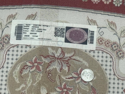 Turkish Silk Rug 8x8 Round Hunting Scene Bamboo Silk Dark Red Ivory