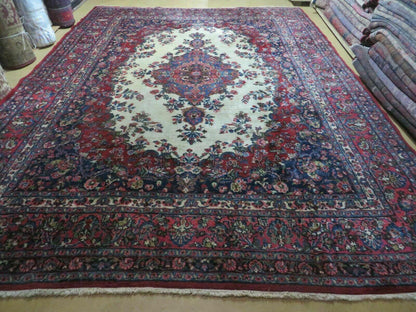 Persian Sarouk Rug 9x12 Hand Knotted Wool Antique Oriental Carpet With Vegetable Dyes