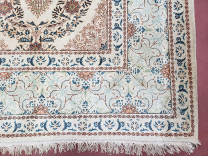 Fine Antique Persian Light Colored Kashan Carpet, 7x12, Top Quality, Rare, Ivory & Blues, Hand-Knotted, Wool