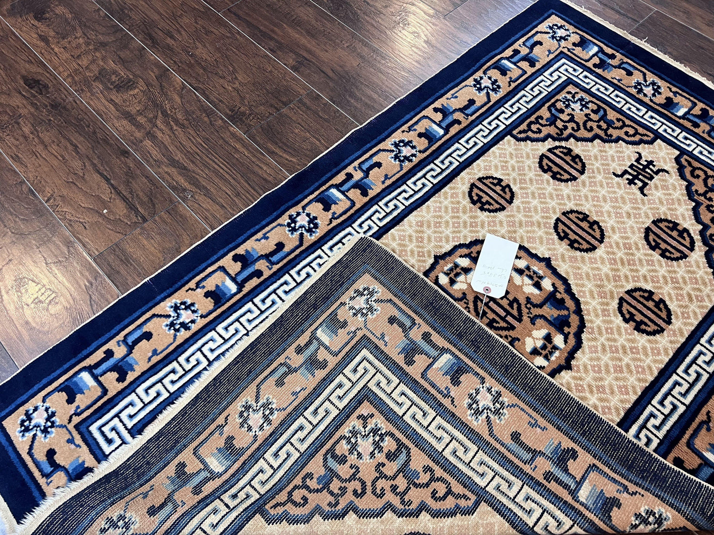 Peking Rug 3x5 Hand Knotted Wool Antique Chinese Carpet Blue Ivory Tan Vintage