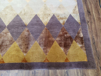 Hand Knotted Tibetan Rug 8.6 x 11 Wool and Silk Multicolor Diamond Panel Design