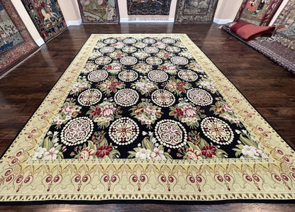 Black Wool Needlepoint Rug 9x12 Handwoven European Floral Panel Design Vintage Chinese