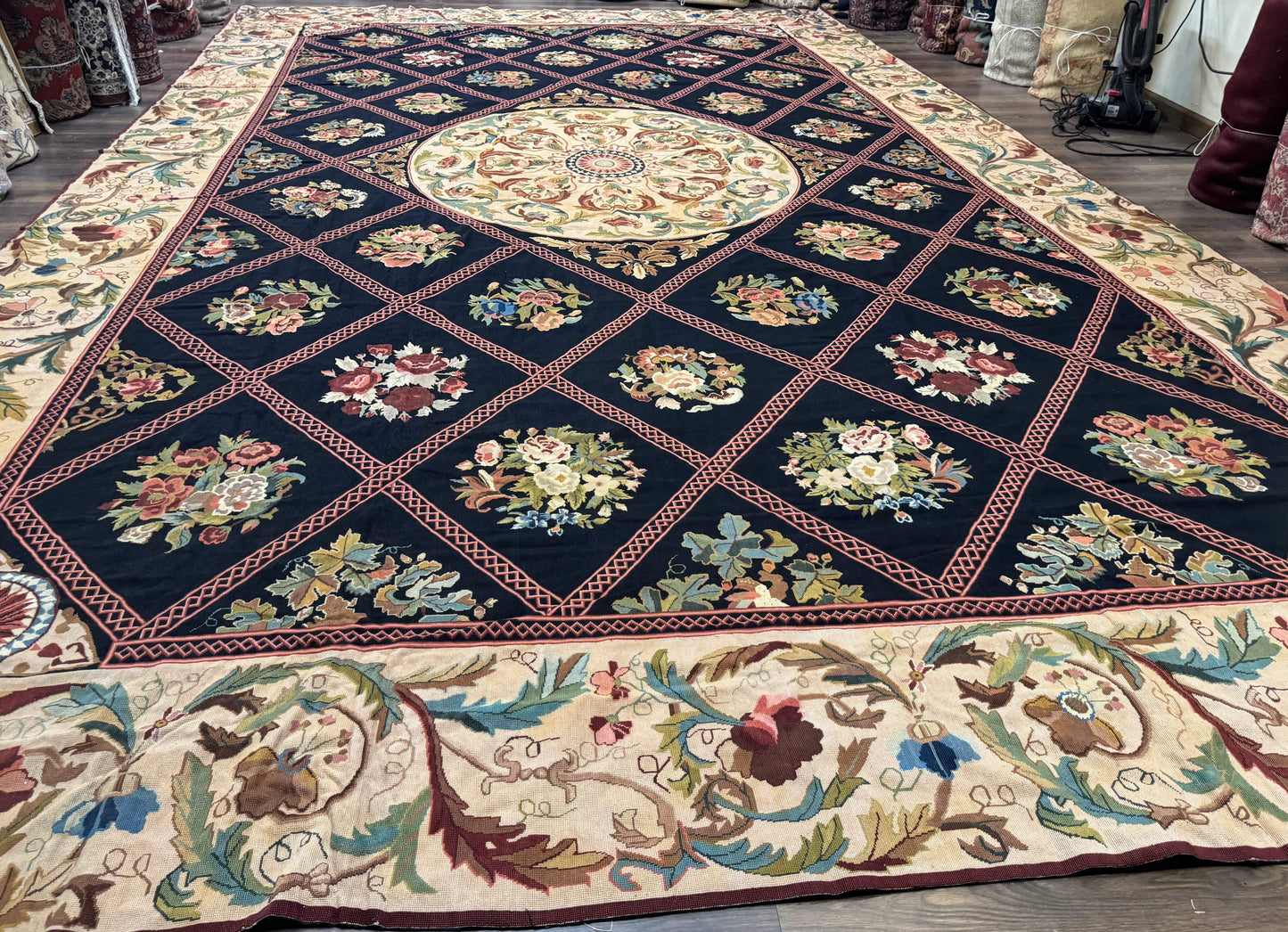Palace Size Needlepoint Rug 12x20, European French English Aubusson Floral Design, Black and Beige