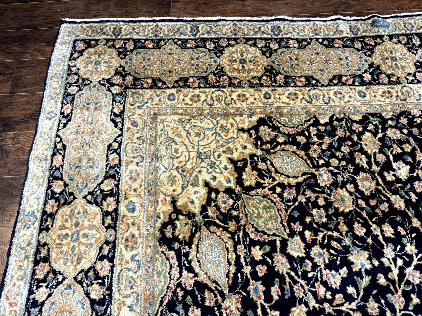 Persian Kerman Rug 10x14 Navy Blue Beige Floral Medallion Traditional Carpet Signed by Masterweaver