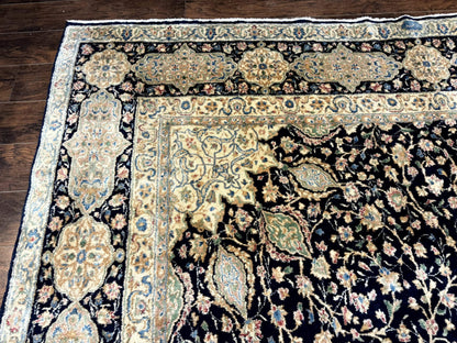 Persian Kerman Rug 10x14 Navy Blue Beige Floral Medallion Traditional Carpet Signed by Masterweaver