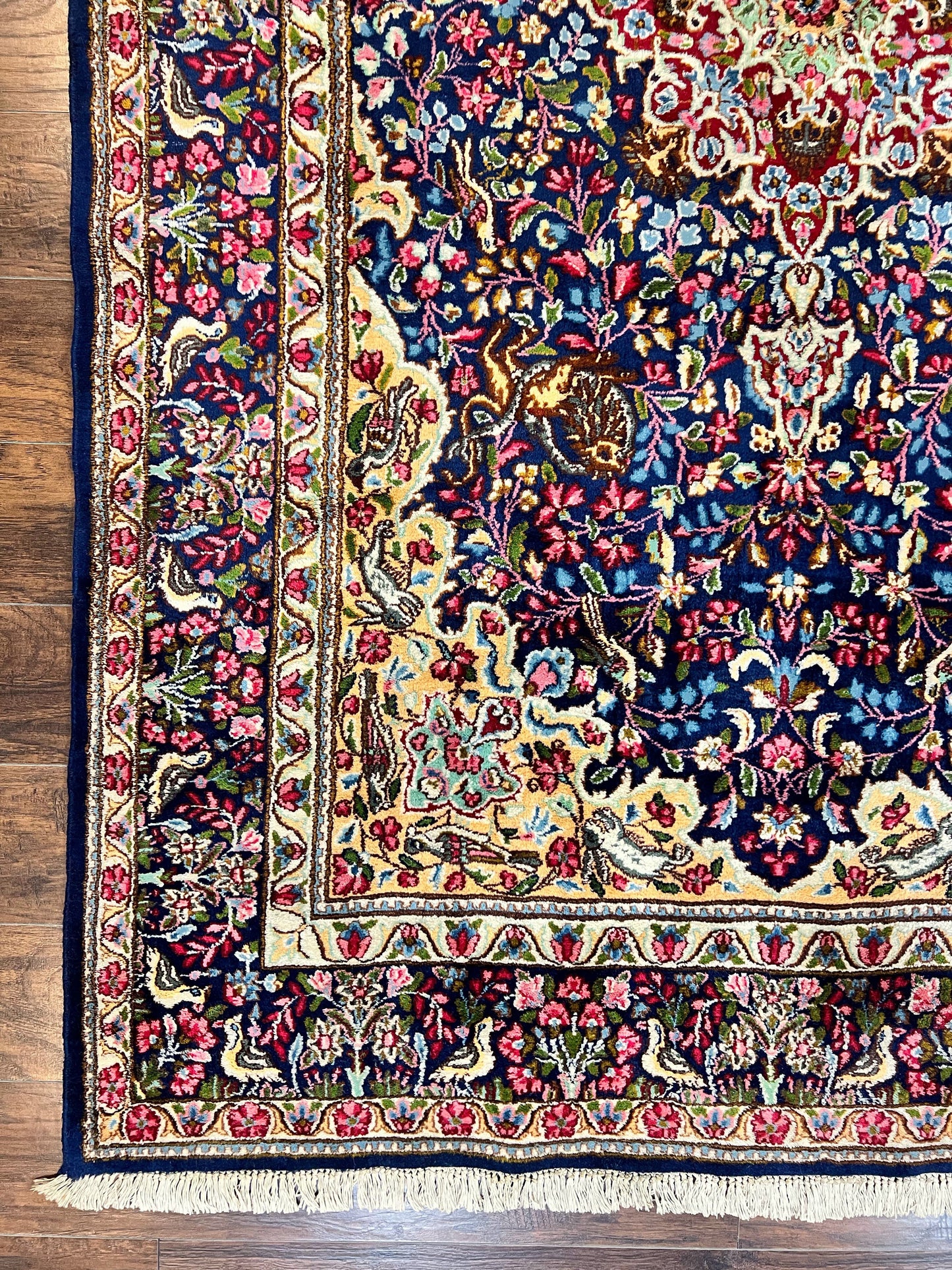 Persian Kirman Rug 6x9, Floral Medallion Vintage Wool Handmade Carpet 6 x 9, Animal Pictorials Birds, Semi Antique, Navy Blue, Millefleur