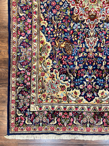 Persian Kirman Rug 6x9, Floral Medallion Vintage Wool Handmade Carpet 6 x 9, Animal Pictorials Birds, Semi Antique, Navy Blue, Millefleur