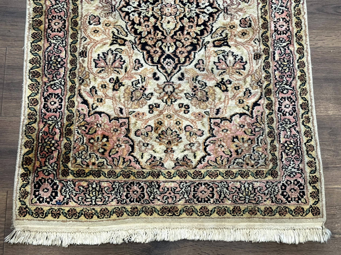 Silk Indian Kashmiri Runner Rug 2.7 x 9.8, Floral Medallions