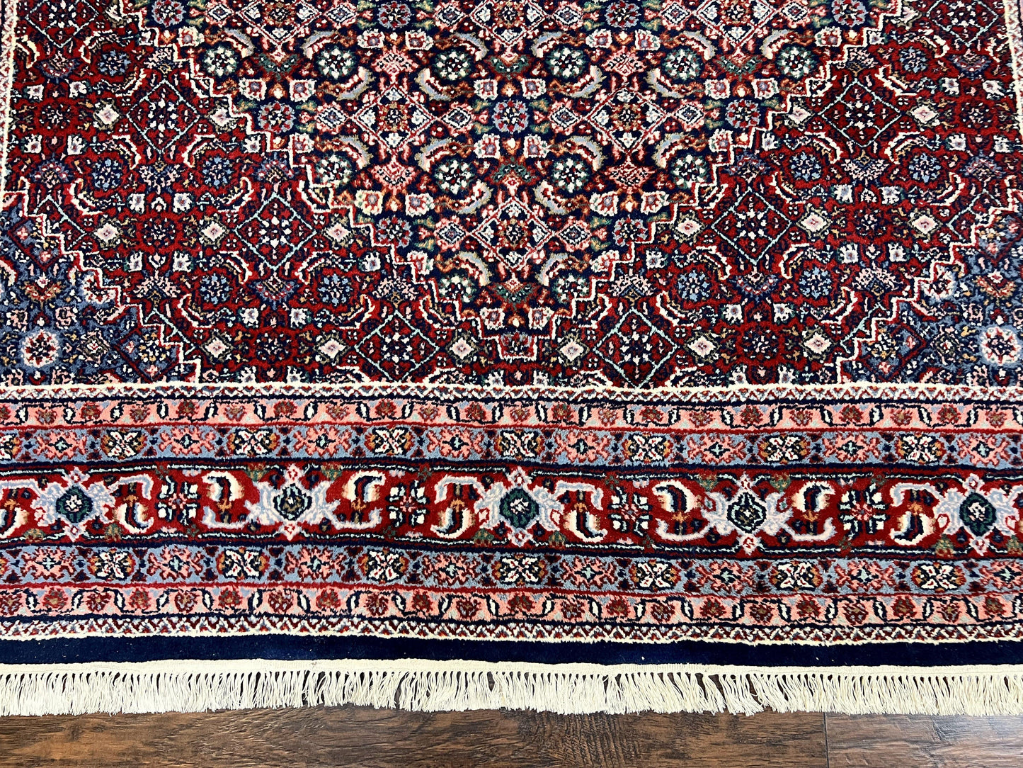 Indo Persian Rug 7x10, Dark Blue and Red Hand Knotted Wool Vintage Oriental Carpet 7 x 10 ft, Handmade Bidjar Rug, Herati Pattern Indian Rug