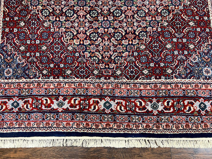 Indo Persian Rug 7x10, Dark Blue and Red Hand Knotted Wool Vintage Oriental Carpet 7 x 10 ft, Handmade Bidjar Rug, Herati Pattern Indian Rug