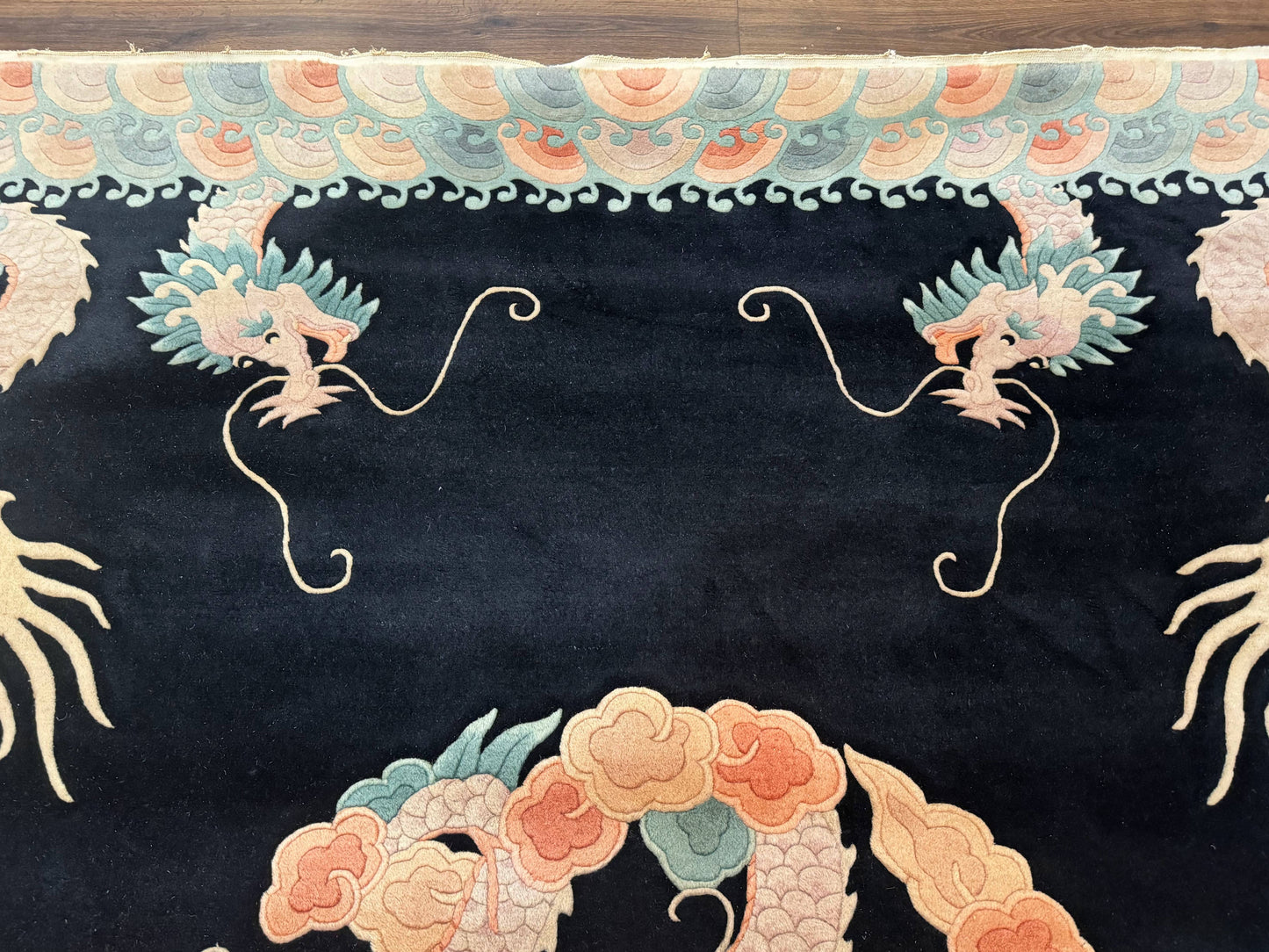 Black Chinese Wool Rug 8x10 Hand Knotted Dragons With Rainbow Borders