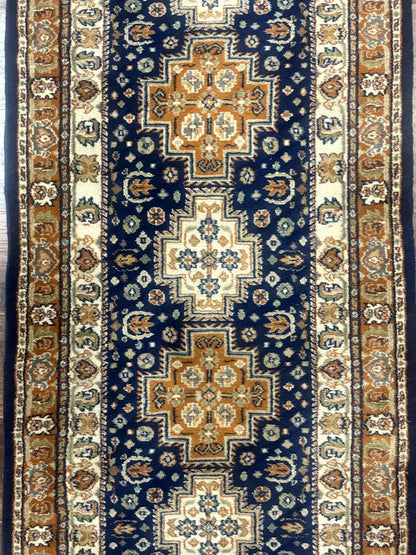 Indo Persian Runner Rug 2.6 x 12.7, Indian Kashmiri Runner for Hallway or Kitchen, Navy Blue, Geometric Medallions, Handmade Wool