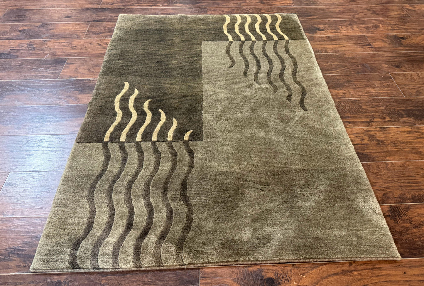 Modern Tibetan Wool Rug 3.6 x 5.6, Shades of Green, Abstract Design