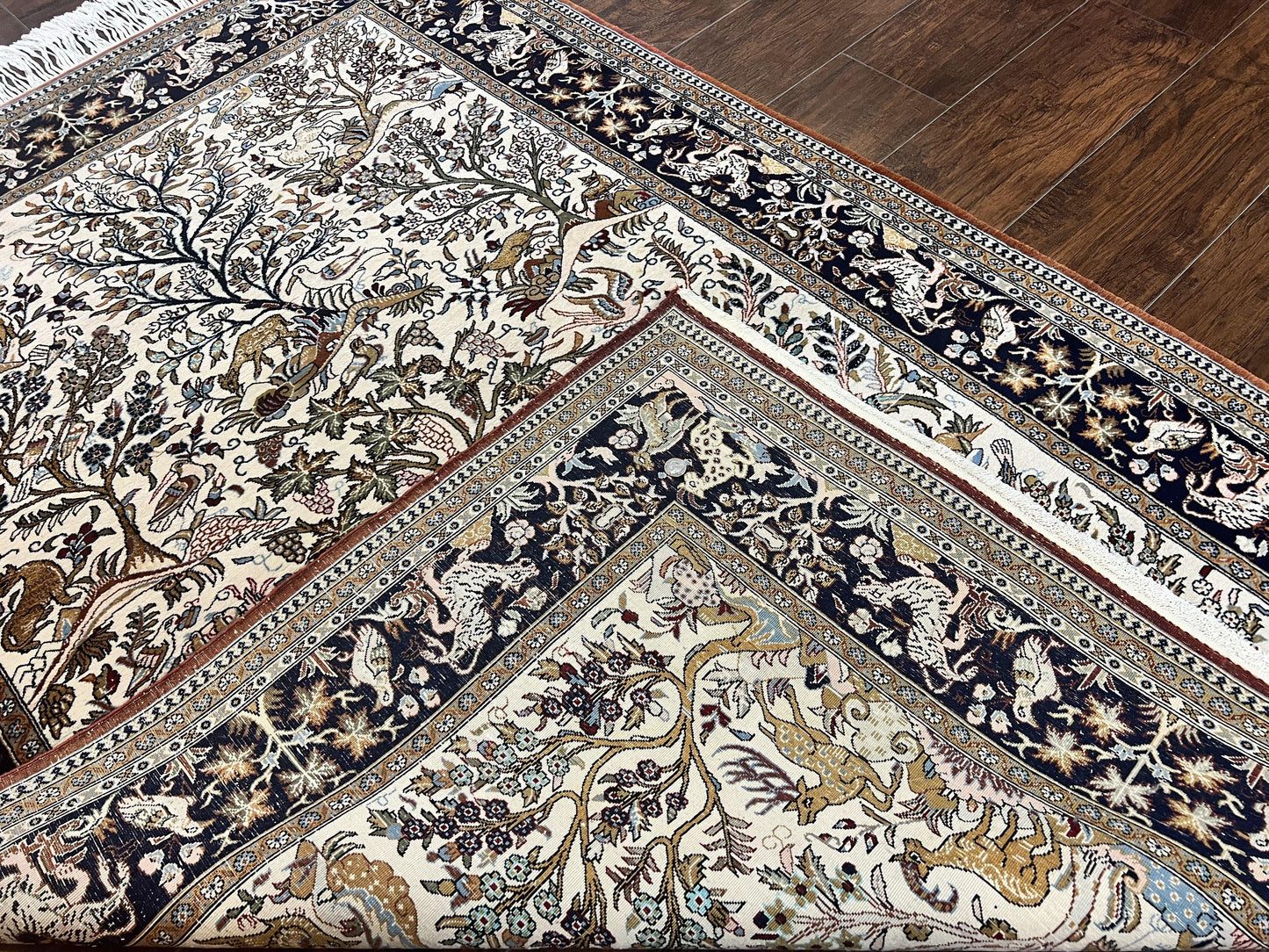 Persian Qum Tree of Life Rug 5x7, Wool and Silk Highlights, Animal Motifs, Vintage Hand Knotted Handmade Cream & Black Fine Oriental Carpet