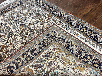 Persian Qum Tree of Life Rug 5x7, Wool and Silk Highlights, Animal Motifs, Vintage Hand Knotted Handmade Cream & Black Fine Oriental Carpet