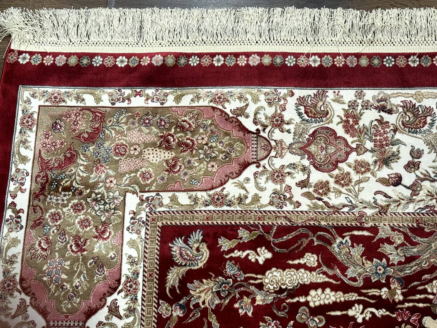 Turkish Silk Hunting Scene Rug 5 x 7.6 ft Red And Ivory Bamboo Silk