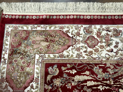 Turkish Silk Hunting Scene Rug 5 x 7.6 ft Red And Ivory Bamboo Silk