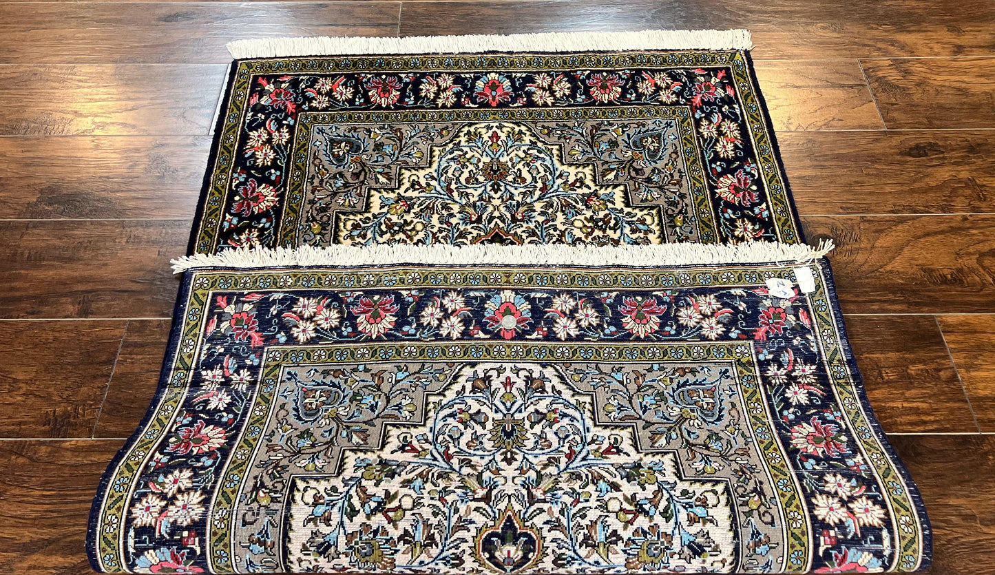 Persian Qum Rug 3x5, Wool with Silk Highlights, Handmade Semi Antique Carpet, Ivory & Navy Blue, Floral Medallion, Finely Hand Knotted