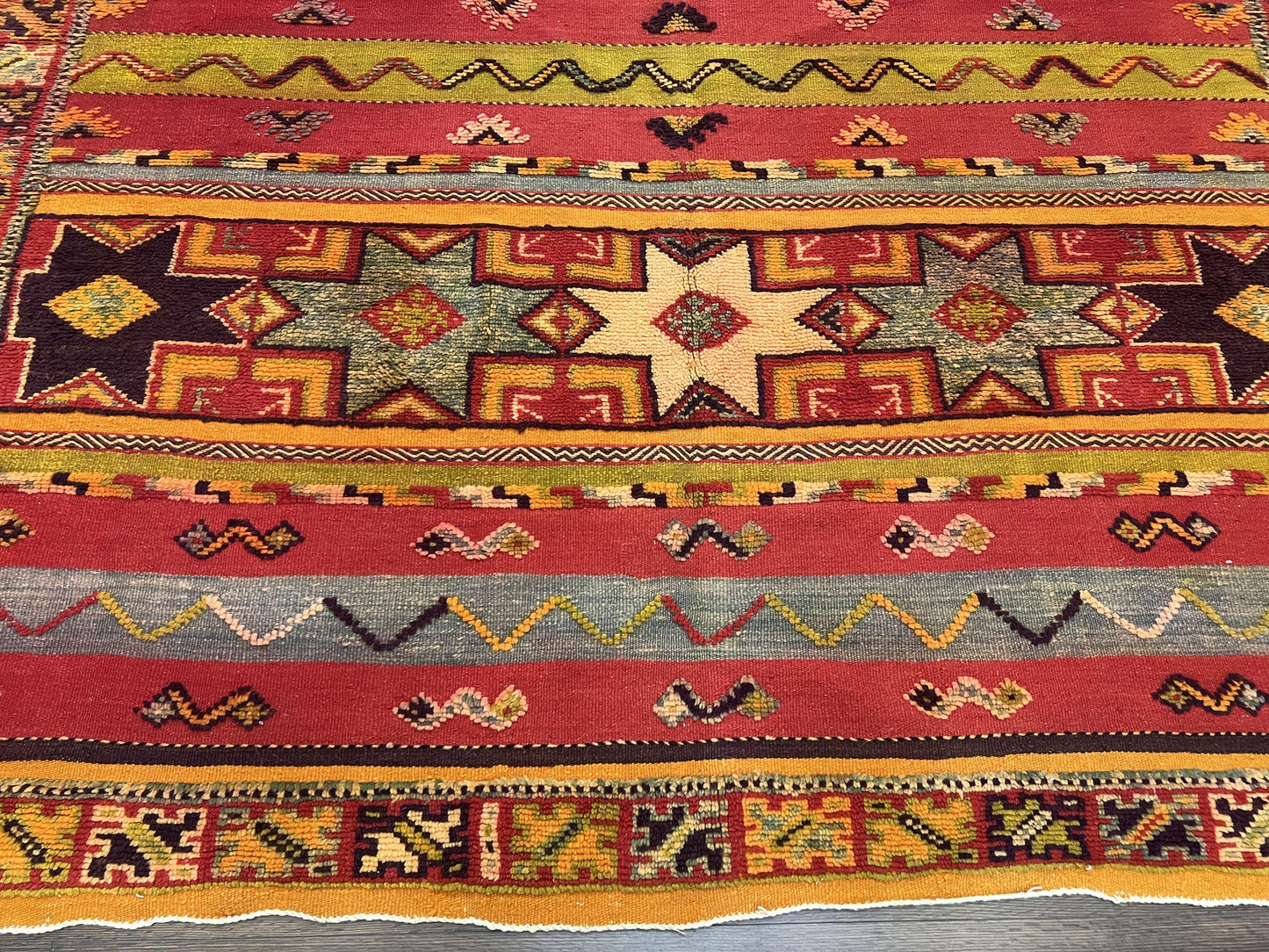 Unique Moroccan Rug 7x10, Room Sized Carpet, Red Orange Gray, Wool Oriental Striped Geometric Tribal Boho Rug, Flatweave with Raised Pile