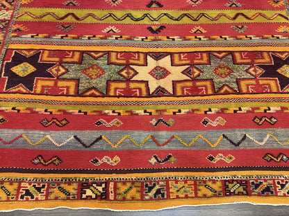 Unique Moroccan Rug 7x10, Room Sized Carpet, Red Orange Gray, Wool Oriental Striped Geometric Tribal Boho Rug, Flatweave with Raised Pile