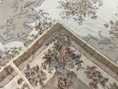 Aubusson Needlepoint Rug 9x12 Vintage Handmade Wool Beige Floral Roses European Elegant