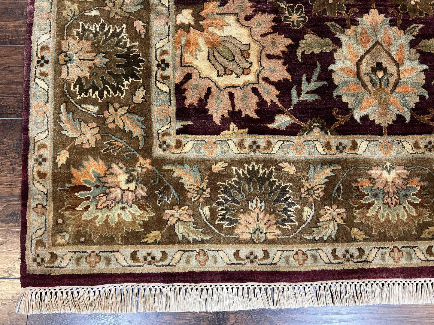 Indo Mahal Rug 6x9, Large Flowers Allover, Maroon and Green, Handmade Wool Area Rug, Vintage Rug, Indian Oriental Carpet, Hand Knotted Rug