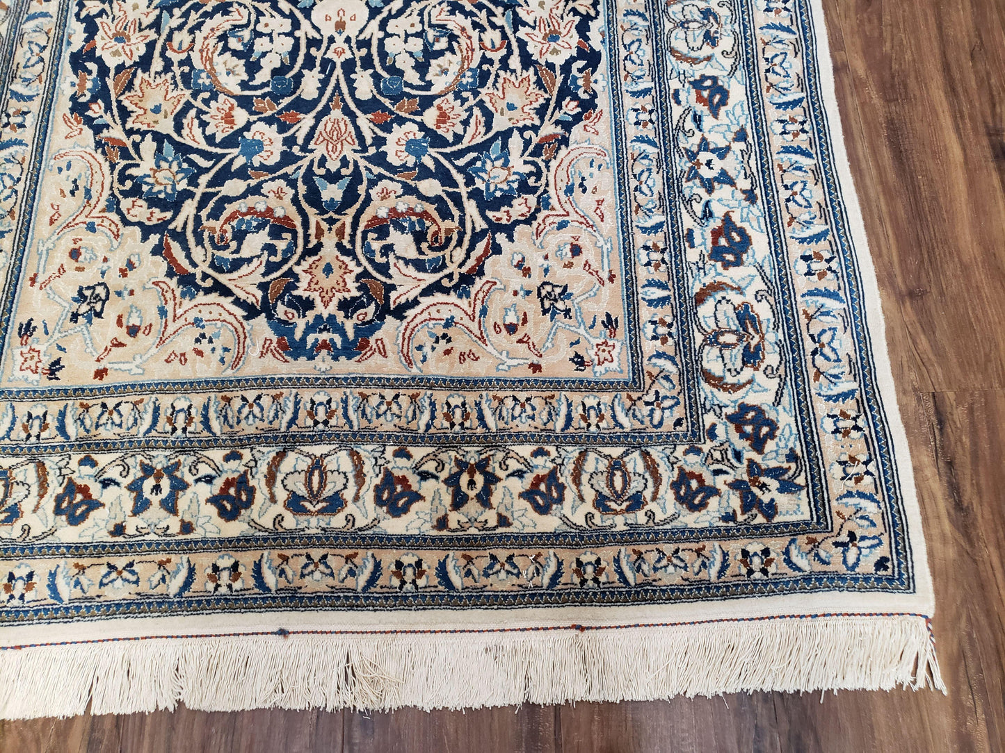 Semi Antique Persian Nain Rug Hand Knotted With Wool Silk Accents Ivory And Blue