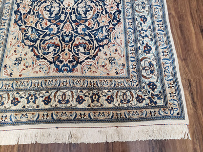 Semi Antique Persian Nain Rug Hand Knotted With Wool Silk Accents Ivory And Blue