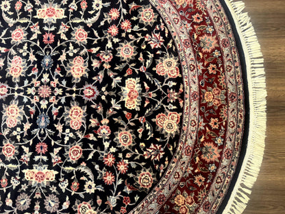 Round Sino Persian Rug 6x6 Floral Navy Blue Red Wool Silk Highlights