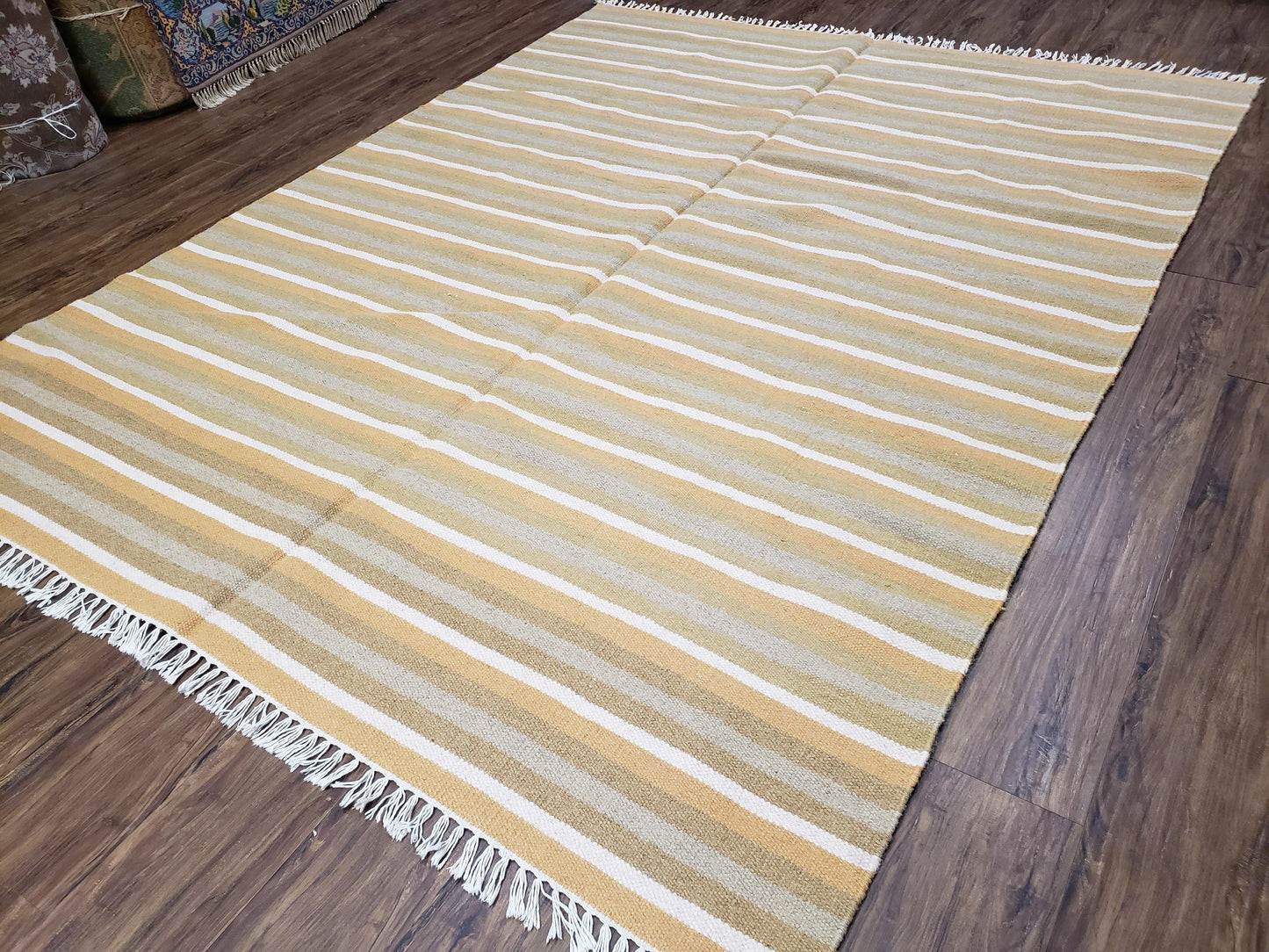 New Indian Kilim Area Rug, 6x8 - 7x8 South American Style Blanket, Striped Indian Wool Hand-Woven Flat Weave 6x9 Bedroom Rug, Ivory Ochre