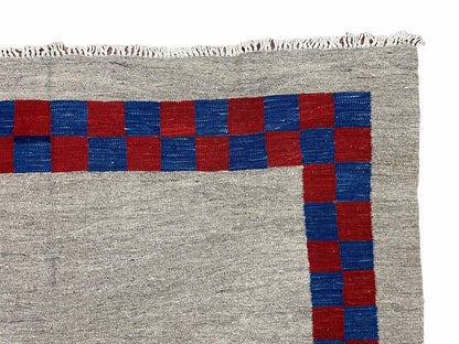 Geometric Kilim Rug Handmade Wool Hand Knotted Gray Blue Red Checkerboard