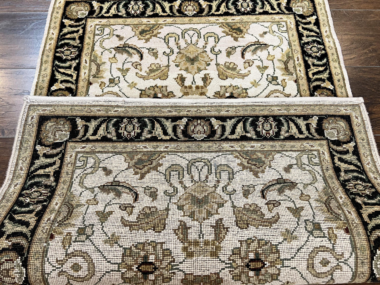 Small Indo Mahal Rug Hand Knotted Wool Vintage Oriental Carpet Beige Tan Black