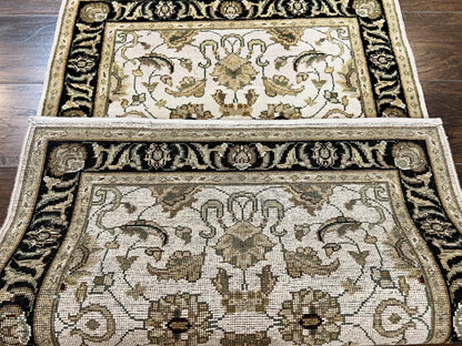 Small Indo Mahal Rug Hand Knotted Wool Vintage Oriental Carpet Beige Tan Black