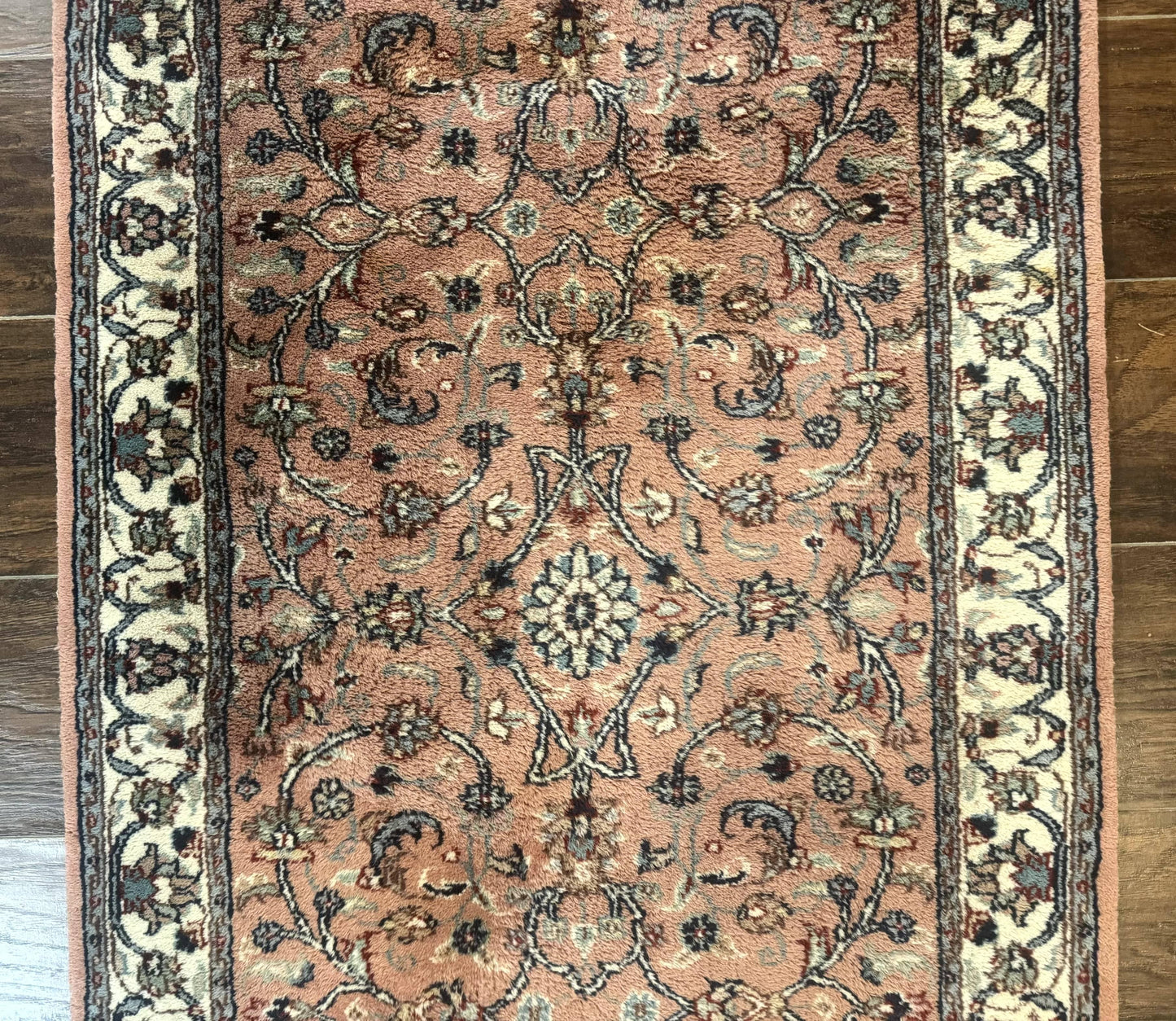 Indo Persian Runner Rug 2.6 x 10, Coral and Cream, Hand Knotted 10ft Wool Oriental Runner for Hallway or Kitchen
