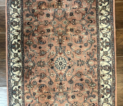 Indo Persian Runner Rug 2.6 x 10, Coral and Cream, Hand Knotted 10ft Wool Oriental Runner for Hallway or Kitchen