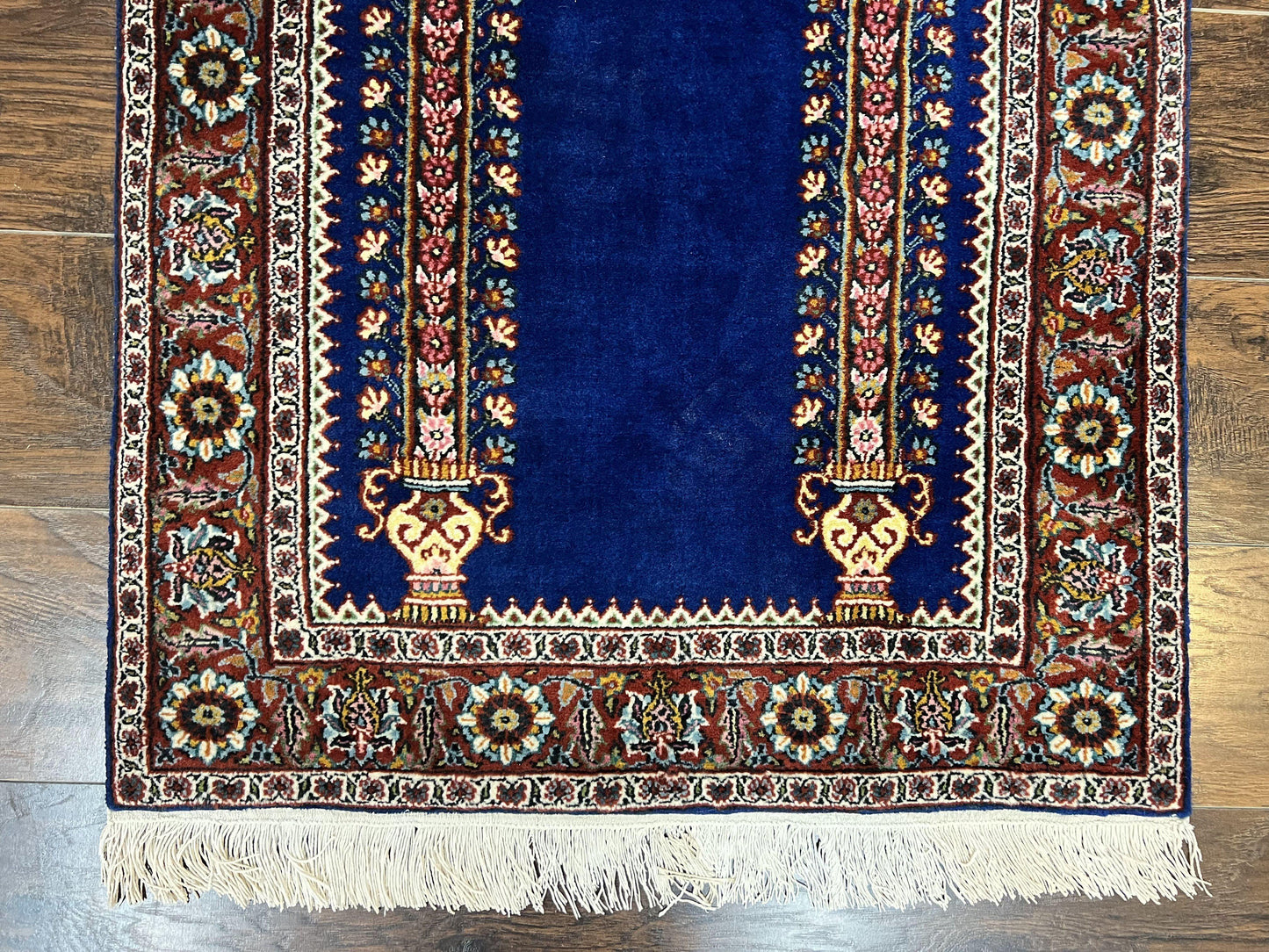 Indo Persian Prayer Rug 3x5 Vintage Hand Knotted Handmade Wool Dark Blue And Red Oriental Carpet