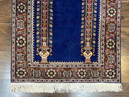 Indo Persian Prayer Rug 3x5 Vintage Hand Knotted Handmade Wool Dark Blue And Red Oriental Carpet