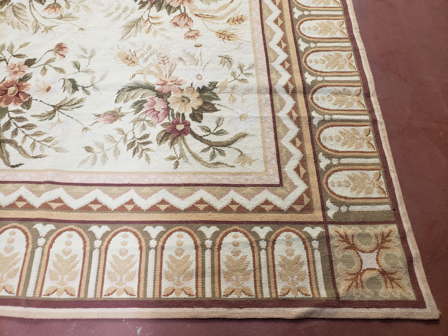 Needlepoint Rug 8x10 Aubusson Rug Victorian Floral Rug Handmade French Style French Decor Garden Panel Beige 8 x 10 Area Rug 100% Wool