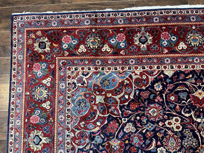 Navy Blue Persian Kashan Rug 9x12 Antique Carpet Wool 200 KPSI
