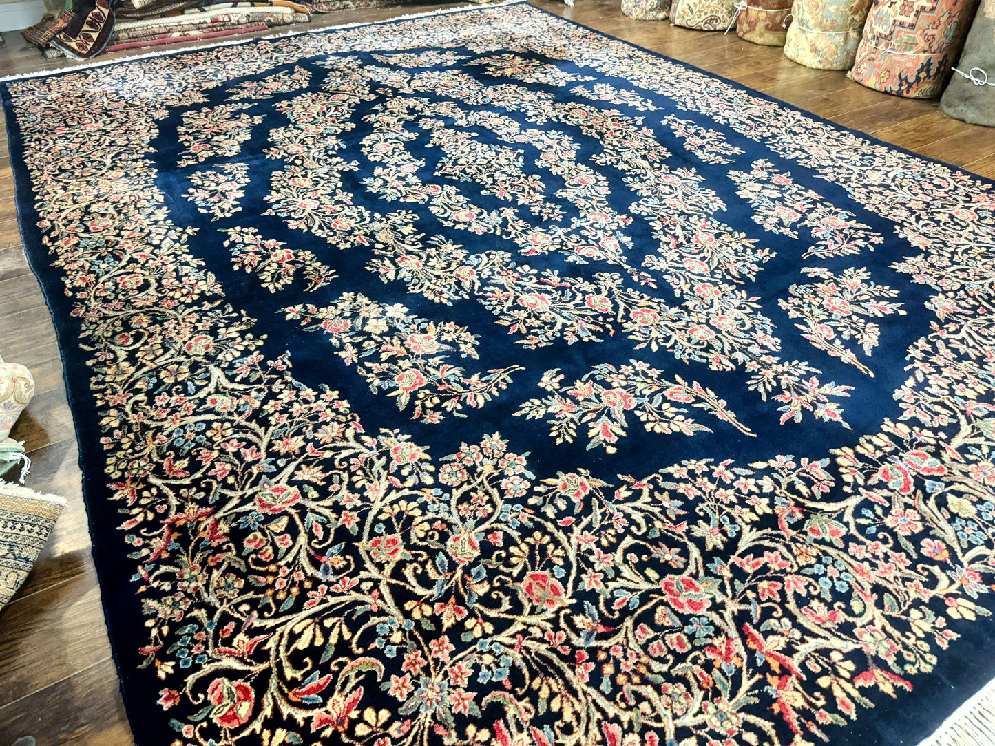 Antique Persian Kerman Rug 10x13 Navy Blue Floral Carpet Fine 270 KPSI