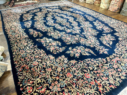 Antique Persian Kerman Rug 10x13 Navy Blue Floral Carpet Fine 270 KPSI