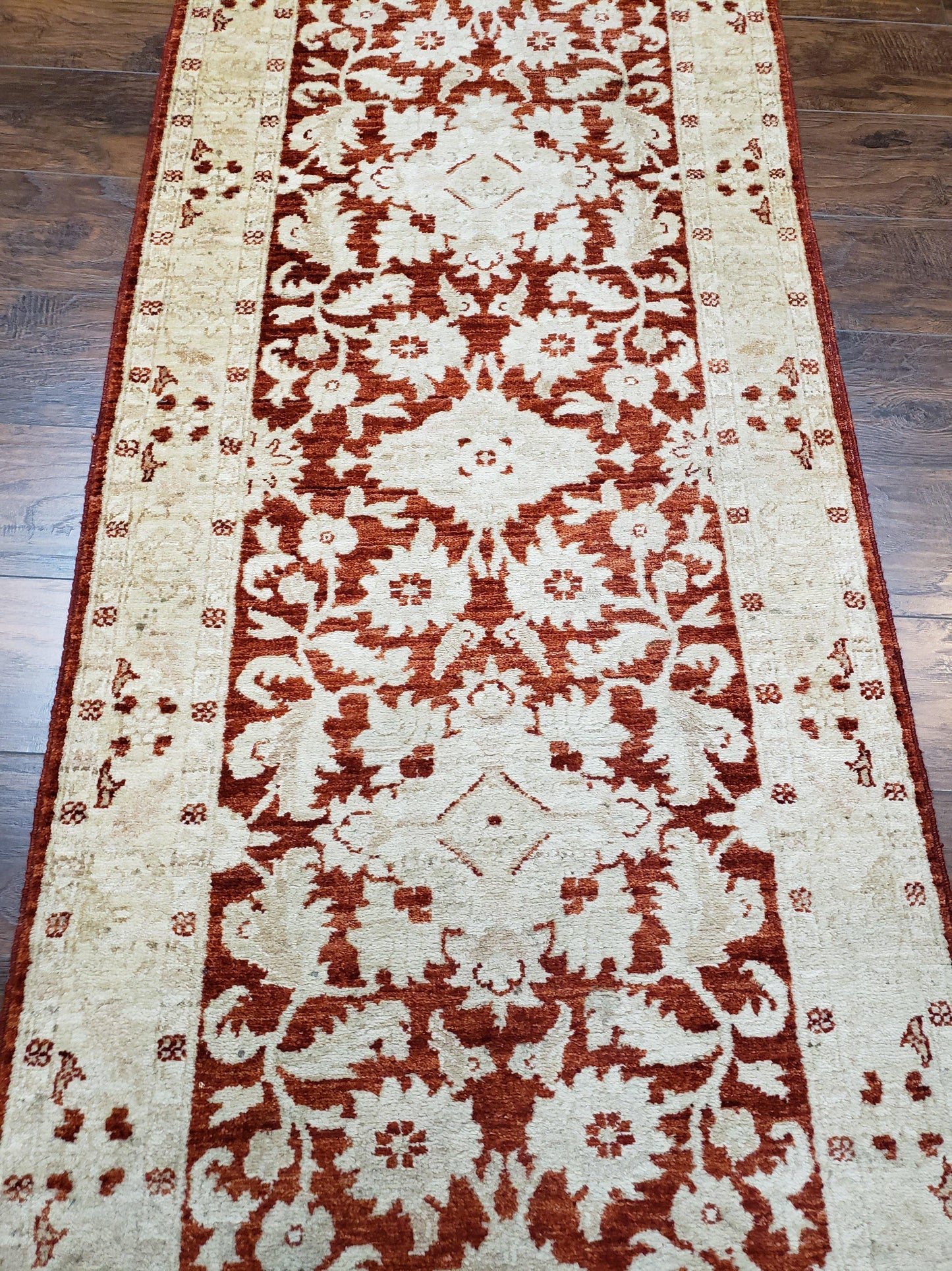 21 ft Runner Rug Long Hallway Runner, 3 x 21 Corridor Rug, Peshawar Pak Persian Chobi Agra Rug, Maroon and Beige Large Flowers Wool Handmade