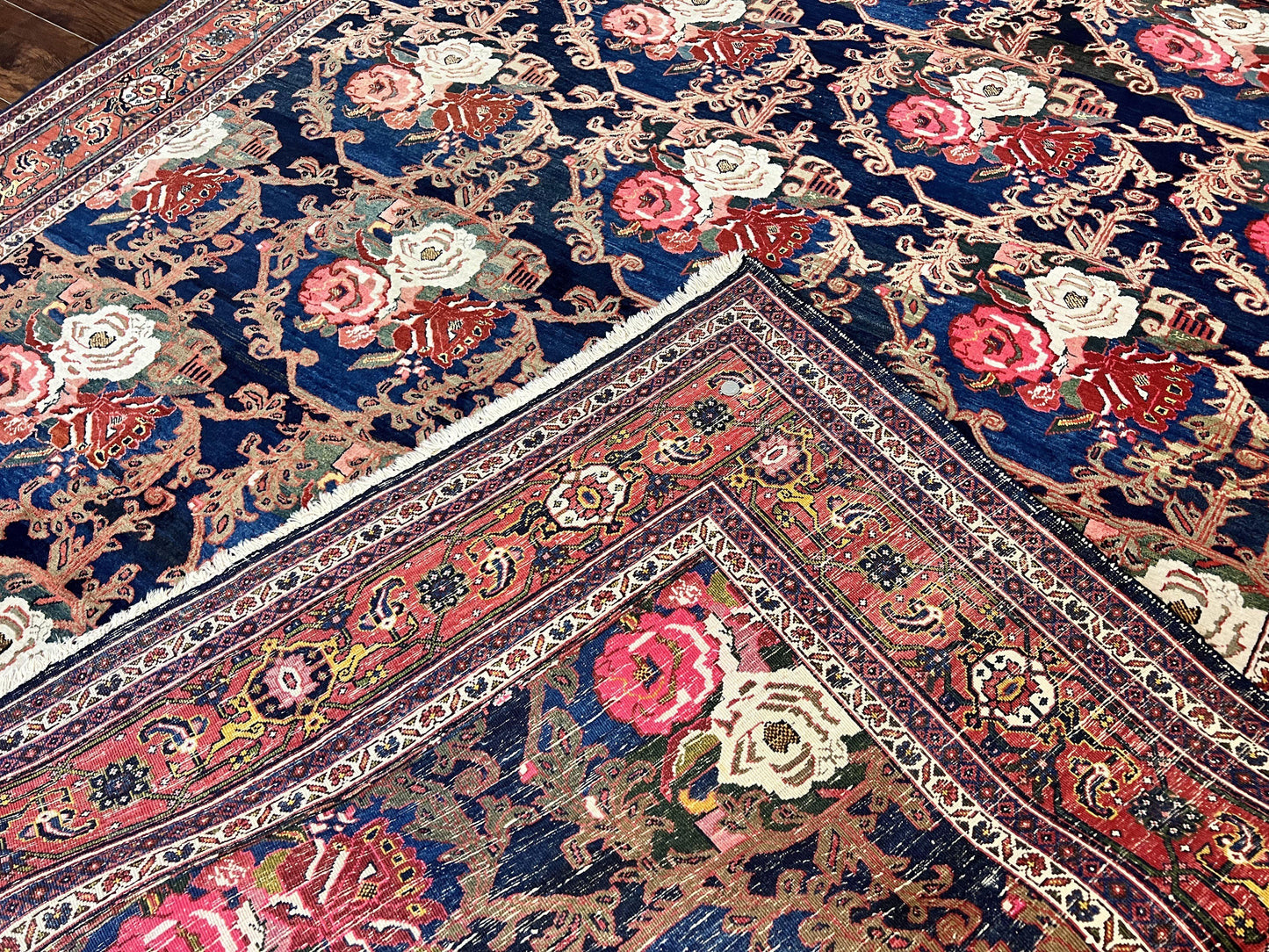 Persian Bidjar Rug 8x11, Floral Bouquets, Blue Black Red Pink, Handmade Hand Knotted Vintage Semi Antique Oriental Carpet