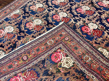 Persian Bidjar Rug 8x11, Floral Bouquets, Blue Black Red Pink, Handmade Hand Knotted Vintage Semi Antique Oriental Carpet