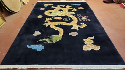 Antique Chinese Art Deco Rug 6x9 Hand Knotted Wool Dragon Black