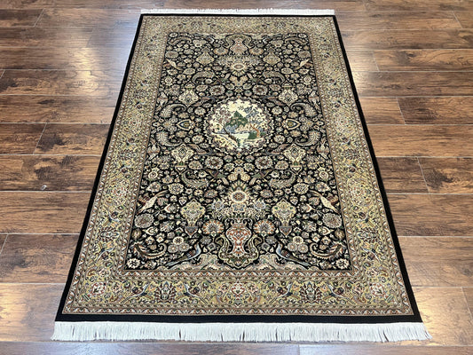 Pak Persian Rug 4x6, Wool Hand Knotted Vintage Carpet, Black & Olive Green, Bird Pictorials, Floral Fine Oriental Rug