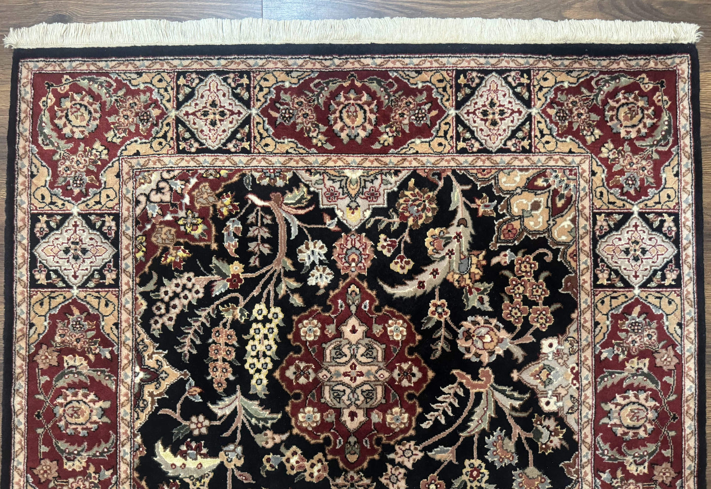 Pak Persian Rug 4x6, Black and Burgundy, Floral Allover, Wool and Silk