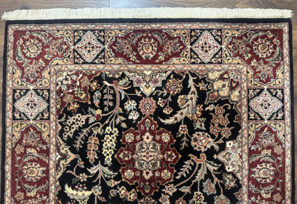 Pak Persian Rug 4x6, Black and Burgundy, Floral Allover, Wool and Silk